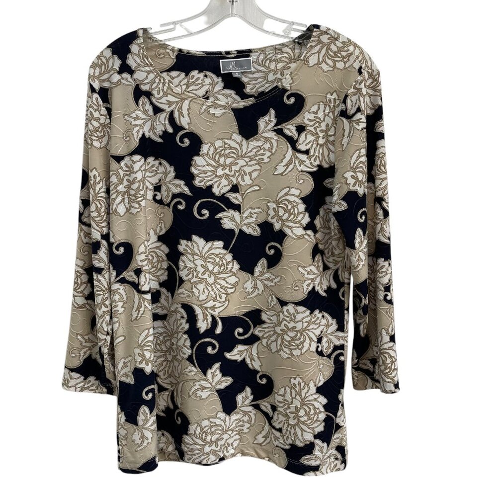 JM Collection Women’s Black Beige Floral Top Medium 3/4 Sleeve Stretch Blouse